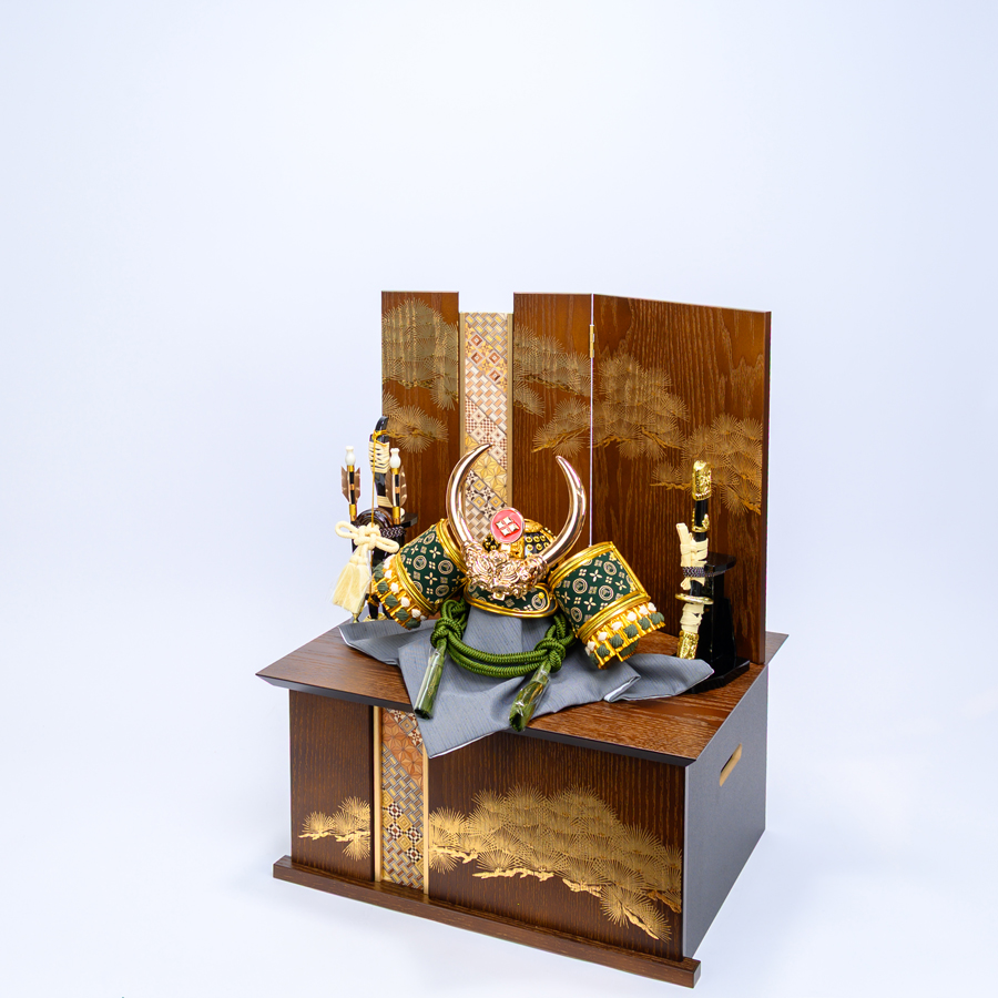 甲州印伝緑富士山柄　8号深川緑武田信玄兜　オーク寄せ木収納飾りセット2写真