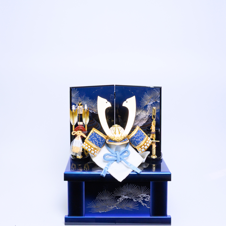 甲州印伝青蜻蛉柄出世兜青ボカシ収納飾りセット