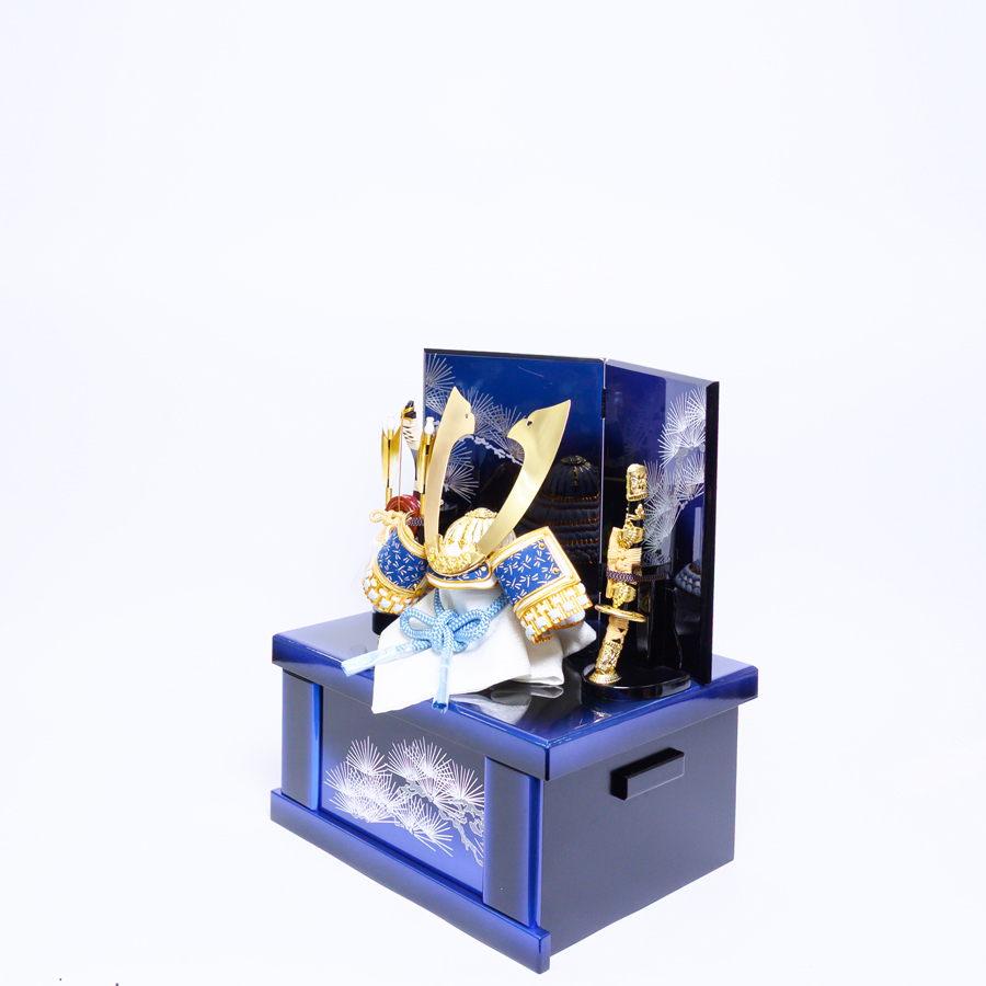 甲州印伝青蜻蛉柄出世兜青ボカシ収納飾りセット2写真