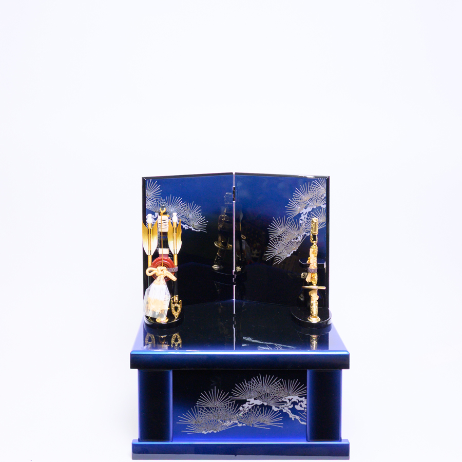 甲州印伝青蜻蛉柄出世兜青ボカシ収納飾りセット4写真