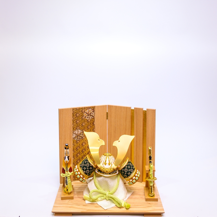 甲州印伝富士山柄緑8号大鍬型兜寄木麻の葉兜飾り　riku