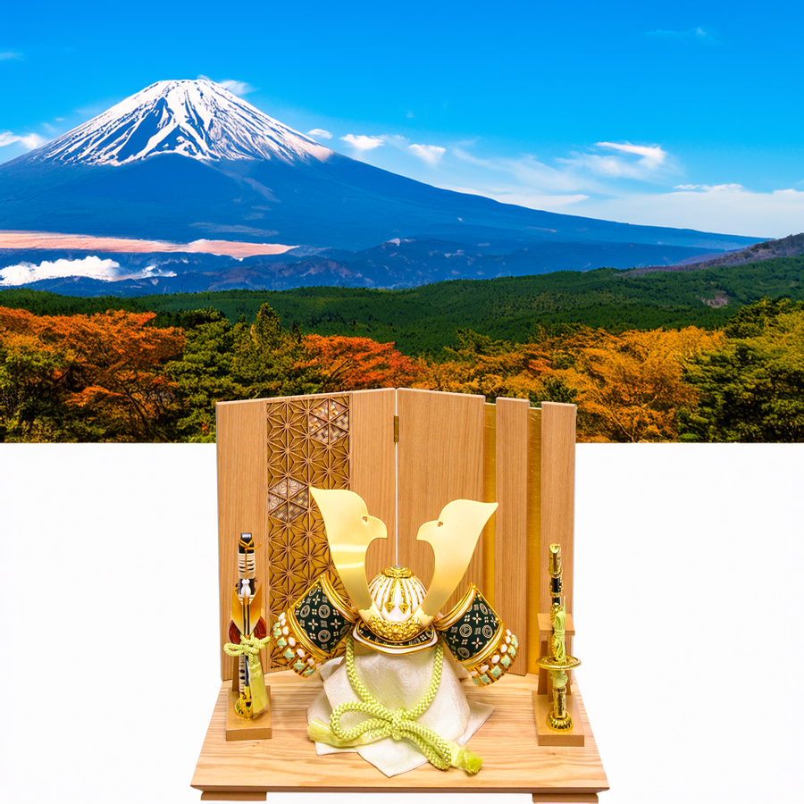 甲州印伝富士山柄緑8号大鍬型兜寄木麻の葉兜飾り riku3写真