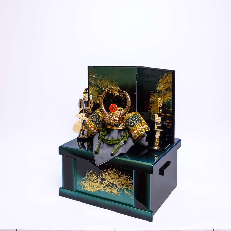 甲州印伝緑富士山柄8号深緑威武田信玄兜 金松グリーンボカシ塗り収納飾りセット2写真