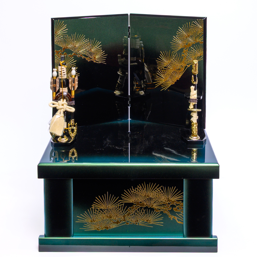 甲州印伝緑富士山柄8号深緑威武田信玄兜 金松グリーンボカシ塗り収納飾りセット3写真