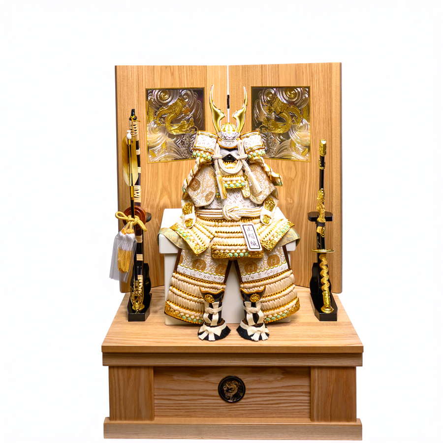 白甲州印伝蜻蛉柄3号鎧白糸縅出世鎧木目龍セット1写真