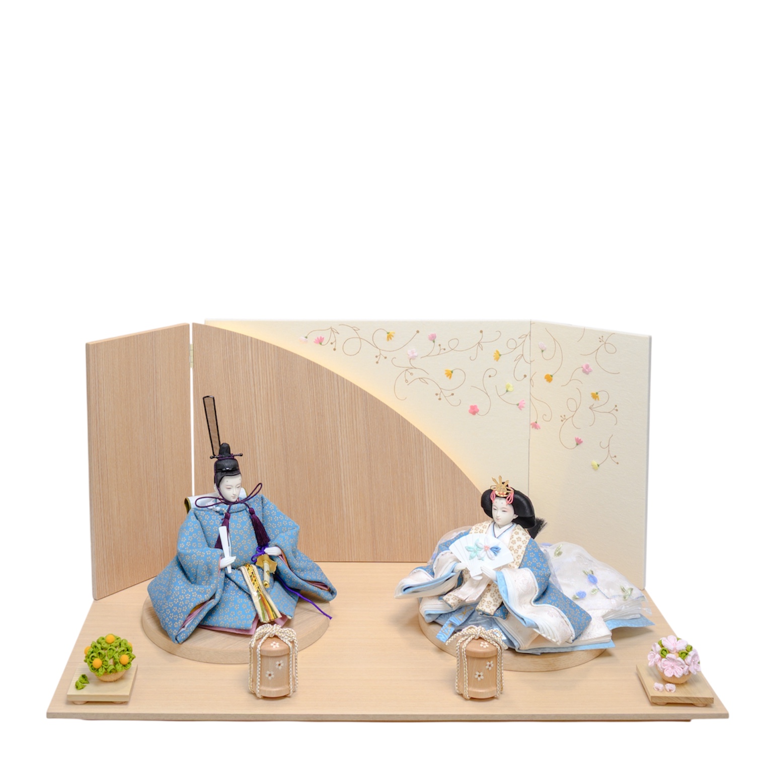 甲州印伝小桜柄水色・白　huwakahina 刺繍桜LED照明飾り