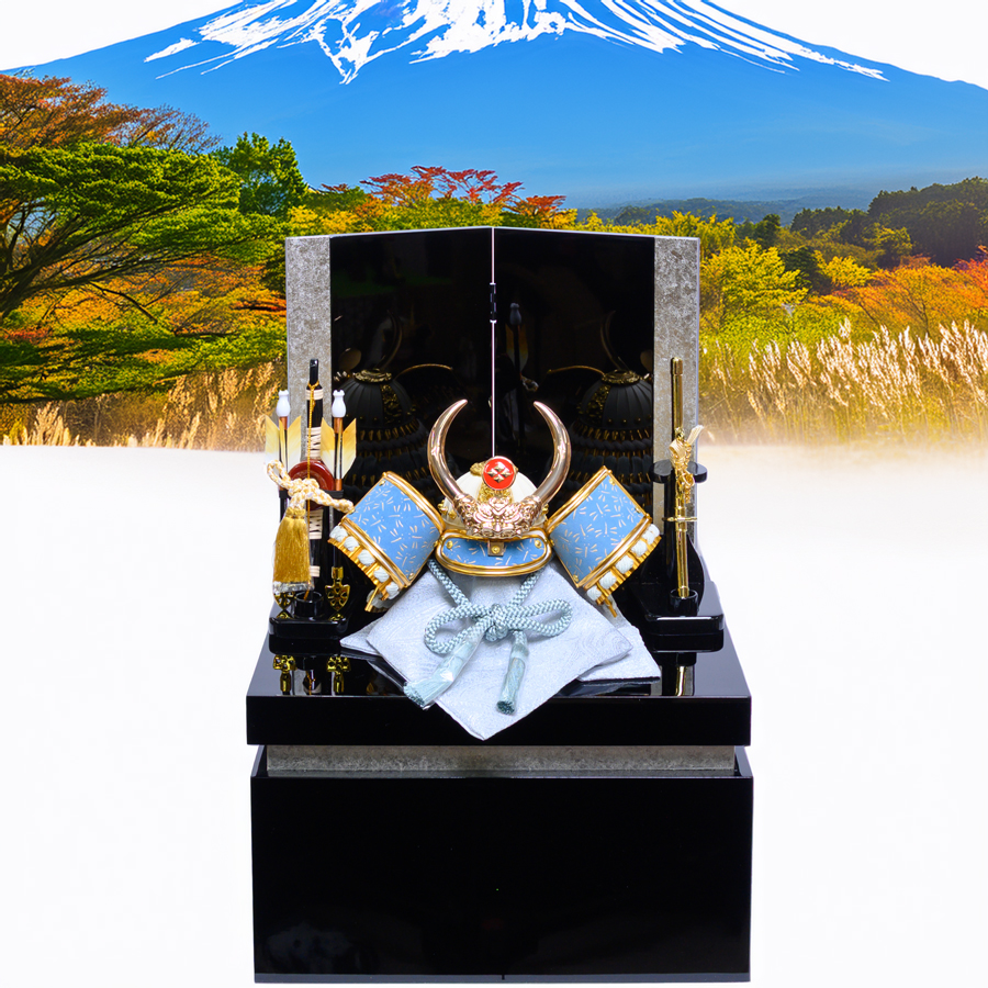 甲州印伝水色蜻蛉柄4号武田信玄兜翠空飾り収納セット4写真