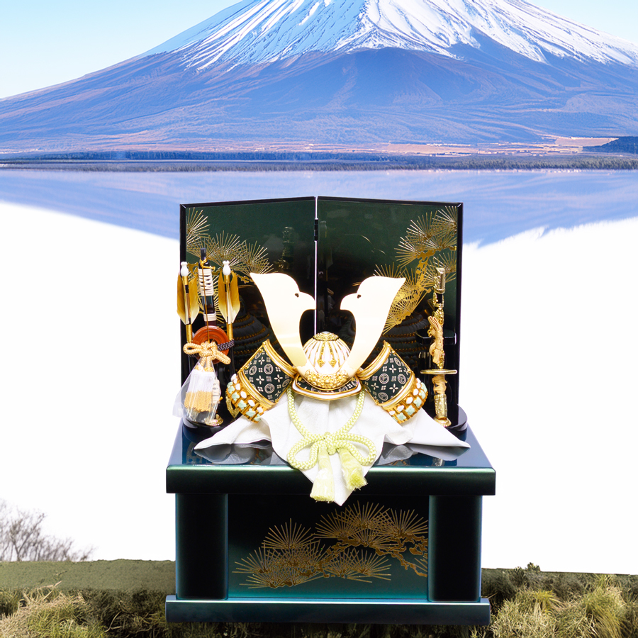 甲州印伝富士山柄緑8号出世兜グリーンボカシ収納飾り3写真