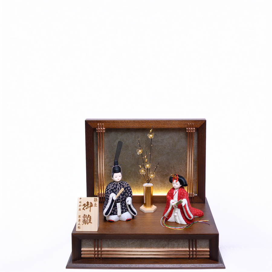 甲州印伝小桜柄木目込み立雛春日雛　モダンLED照明付き飾り