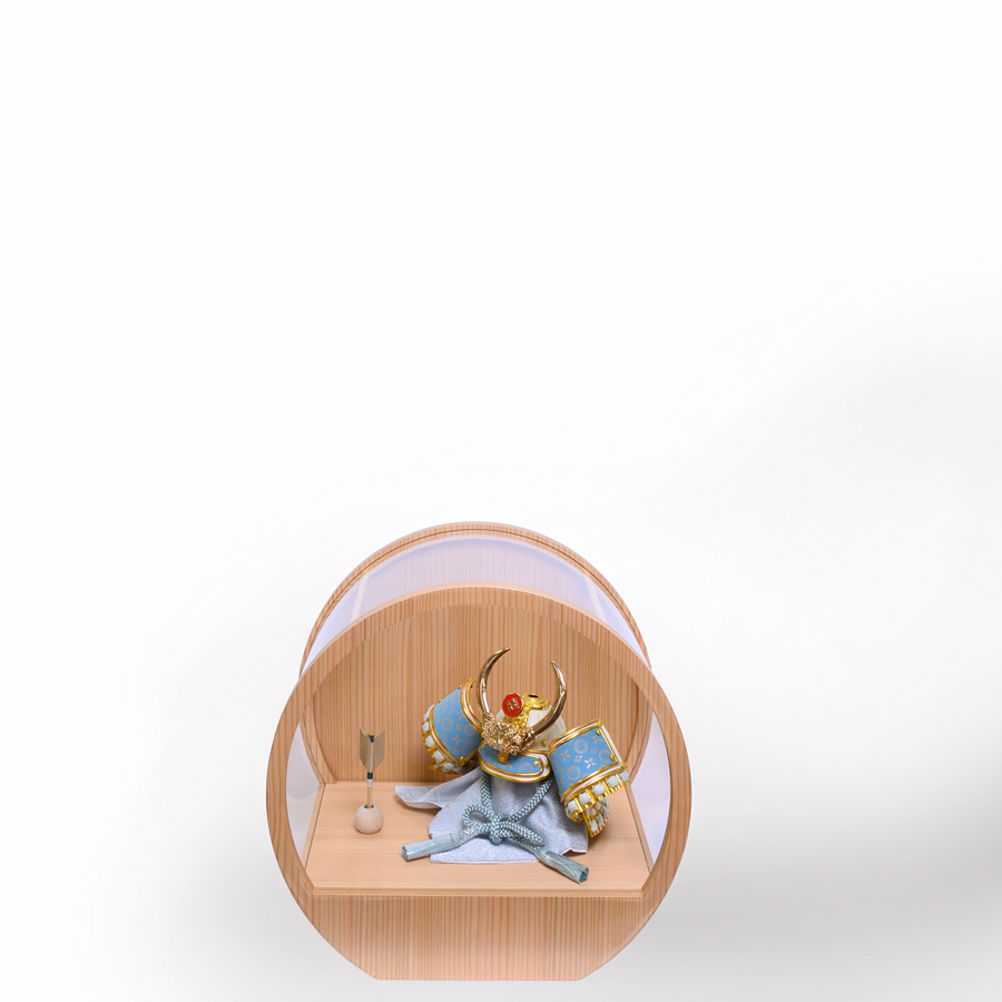 甲州印伝水色富士山柄4号武田信玄兜アクリル円形杉ケース