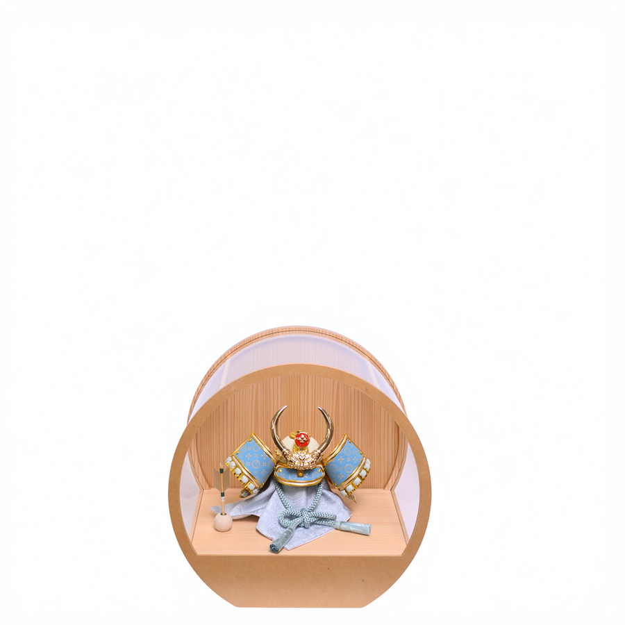 甲州印伝水色富士山柄4号武田信玄兜アクリル円形杉ケース2写真