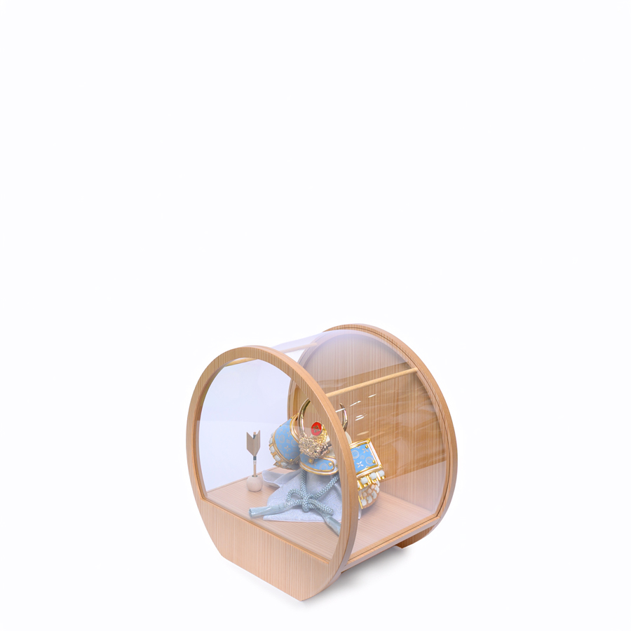 甲州印伝水色富士山柄4号武田信玄兜アクリル円形杉ケース3写真