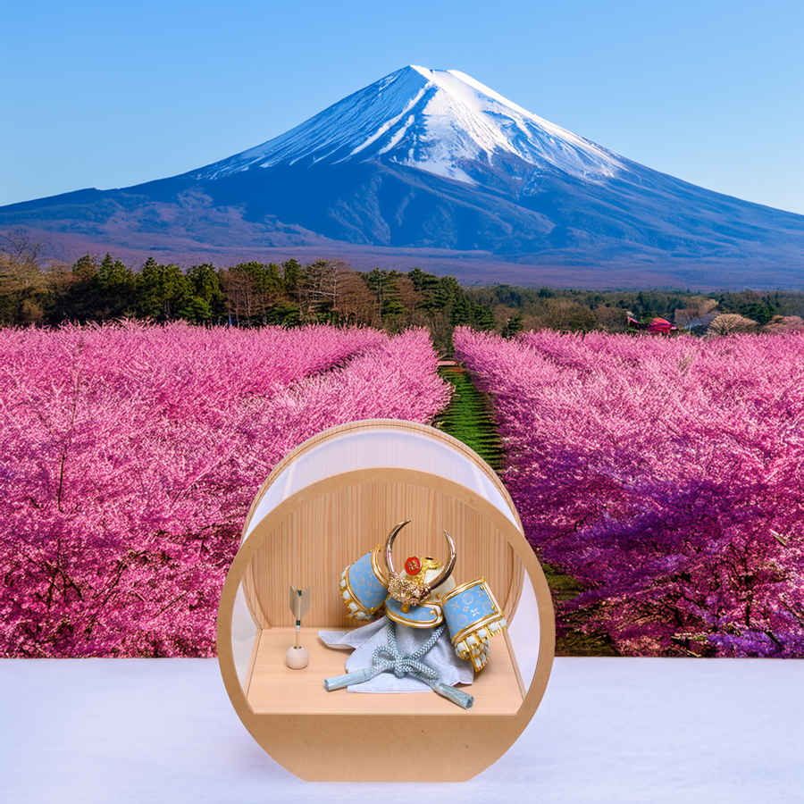 甲州印伝水色富士山柄4号武田信玄兜アクリル円形杉ケース4写真