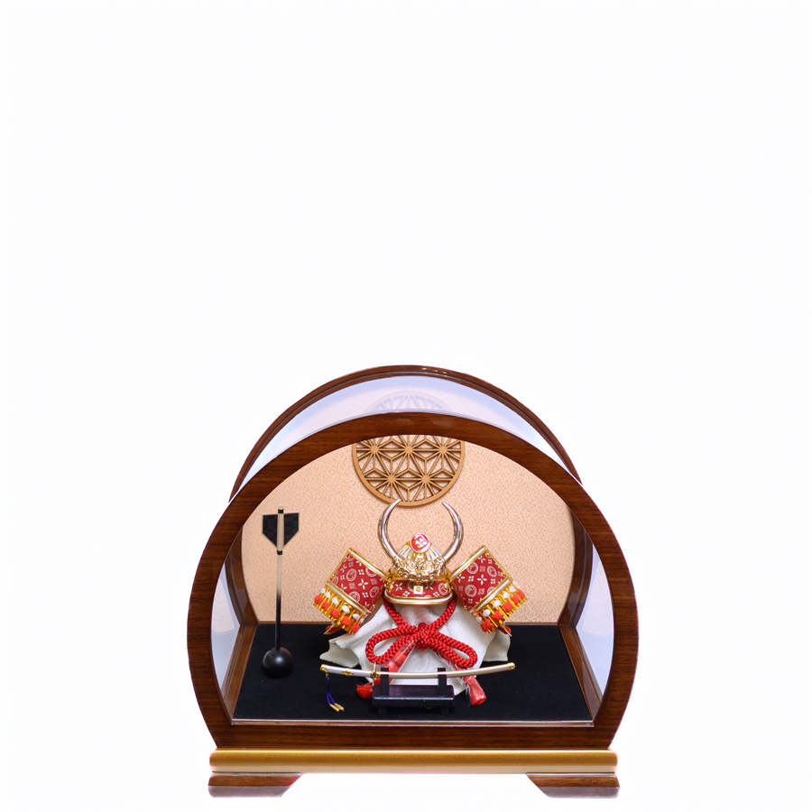 甲州印伝赤富士山柄5号武田信玄兜アクリル麻の葉円形型ケース