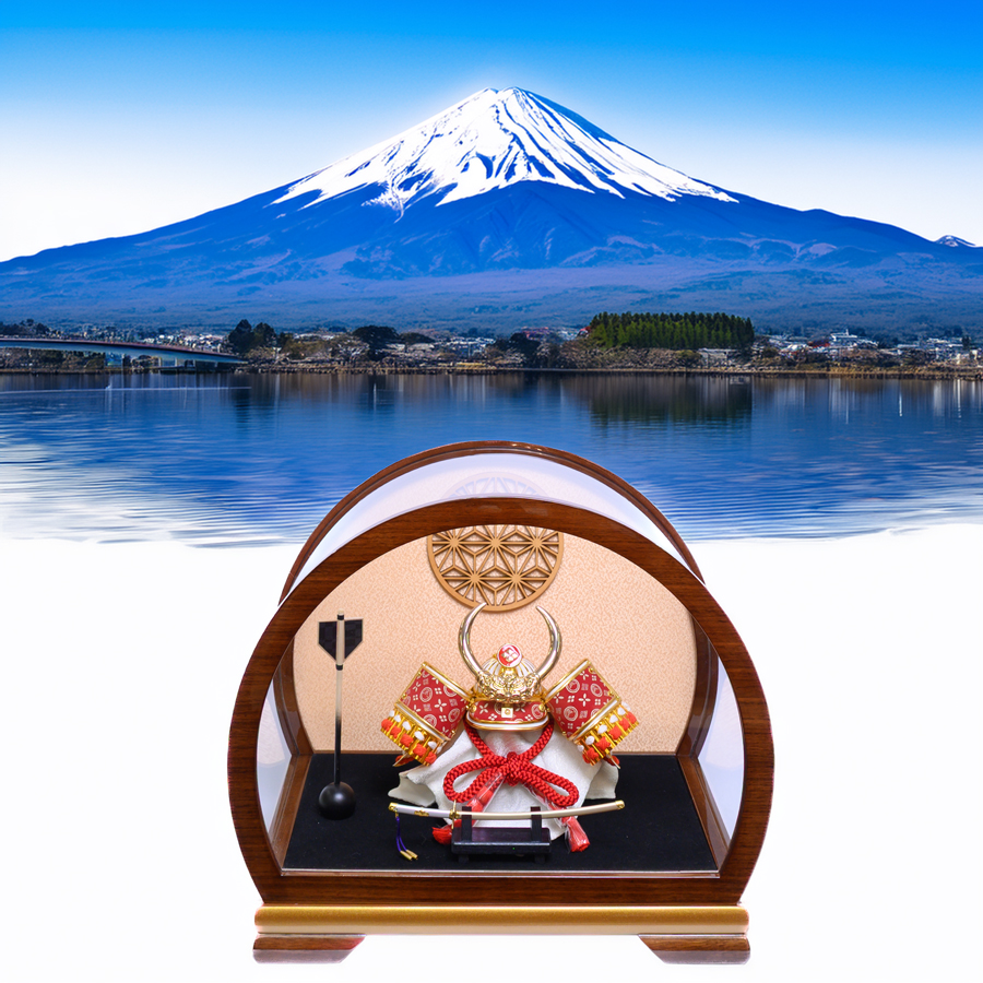 new 甲州印伝赤富士山柄5号武田信玄兜アクリル麻の葉円形型ケース