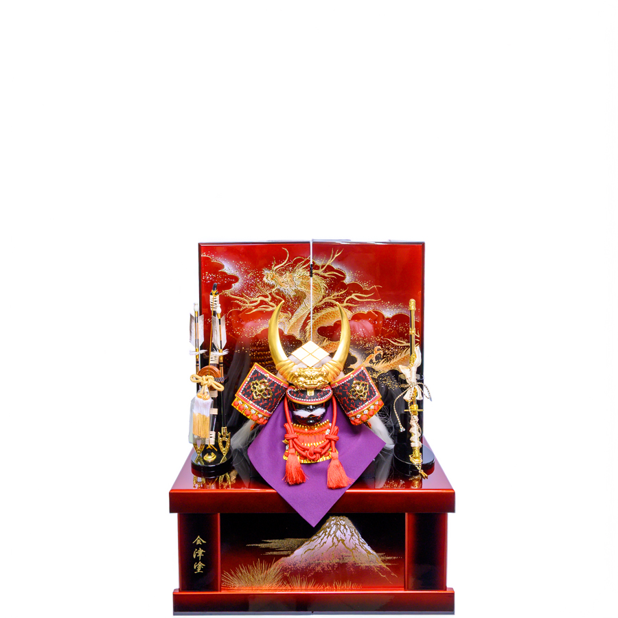 甲州印伝蜻蛉柄忠保作12号武田信玄兜紅溜富士山会津塗り収納飾り