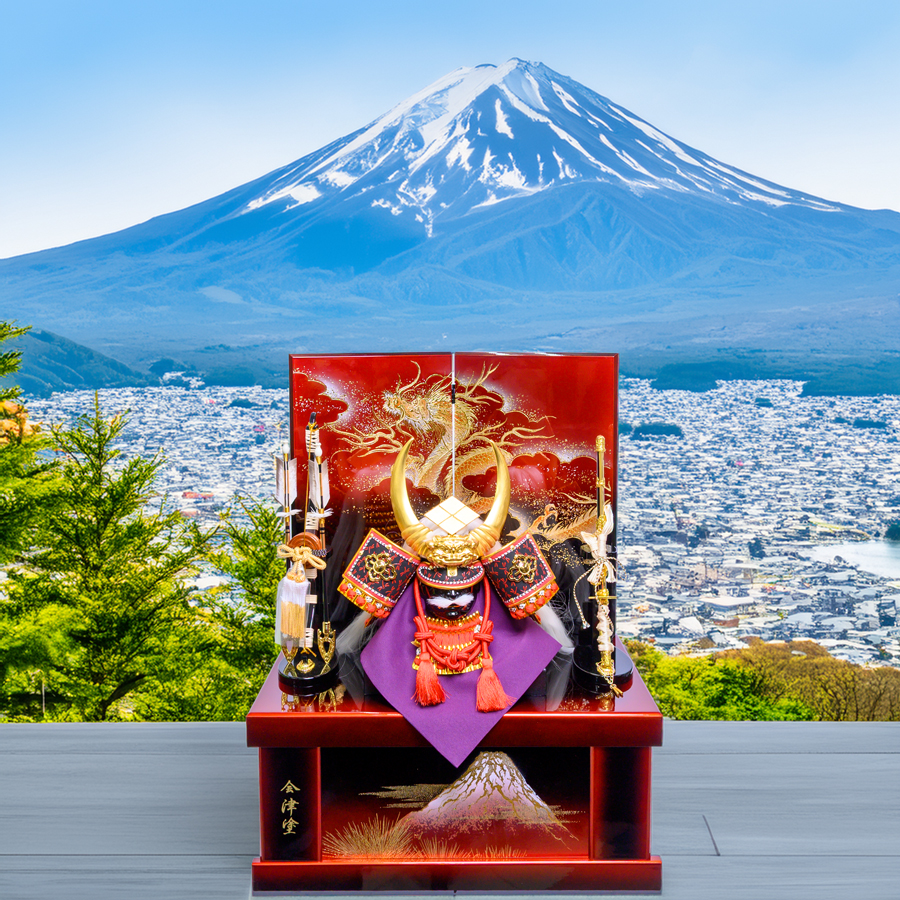 甲州印伝蜻蛉柄忠保作12号武田信玄兜紅溜富士山会津塗り収納飾り4写真